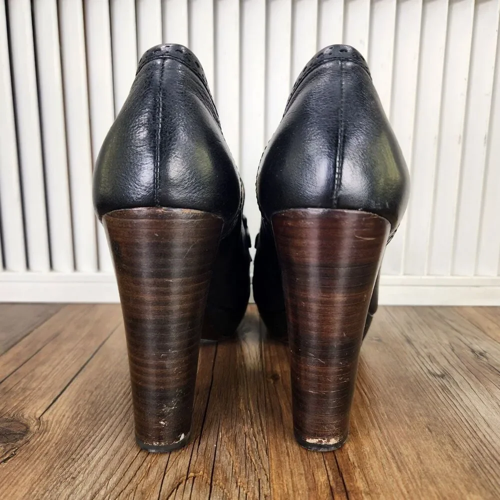 Frye Naiya Kiltie Moc Platform Pumps Womens 9.5M Black Chunky Stacked Heel Shoes